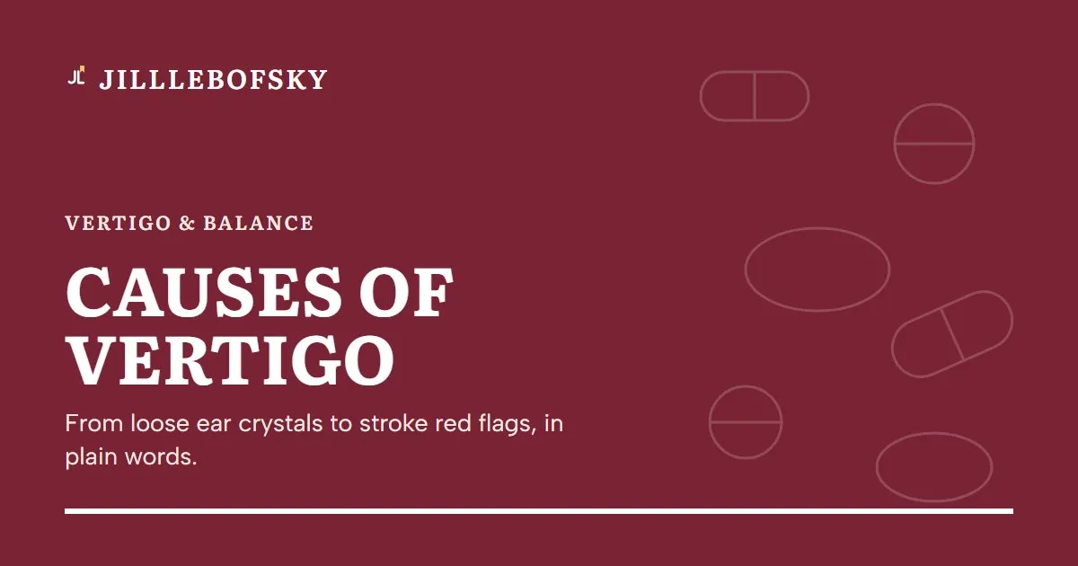Causes of vertigo featured card from JillLebofsky: inner ear, migraine, medicines and stroke red flags